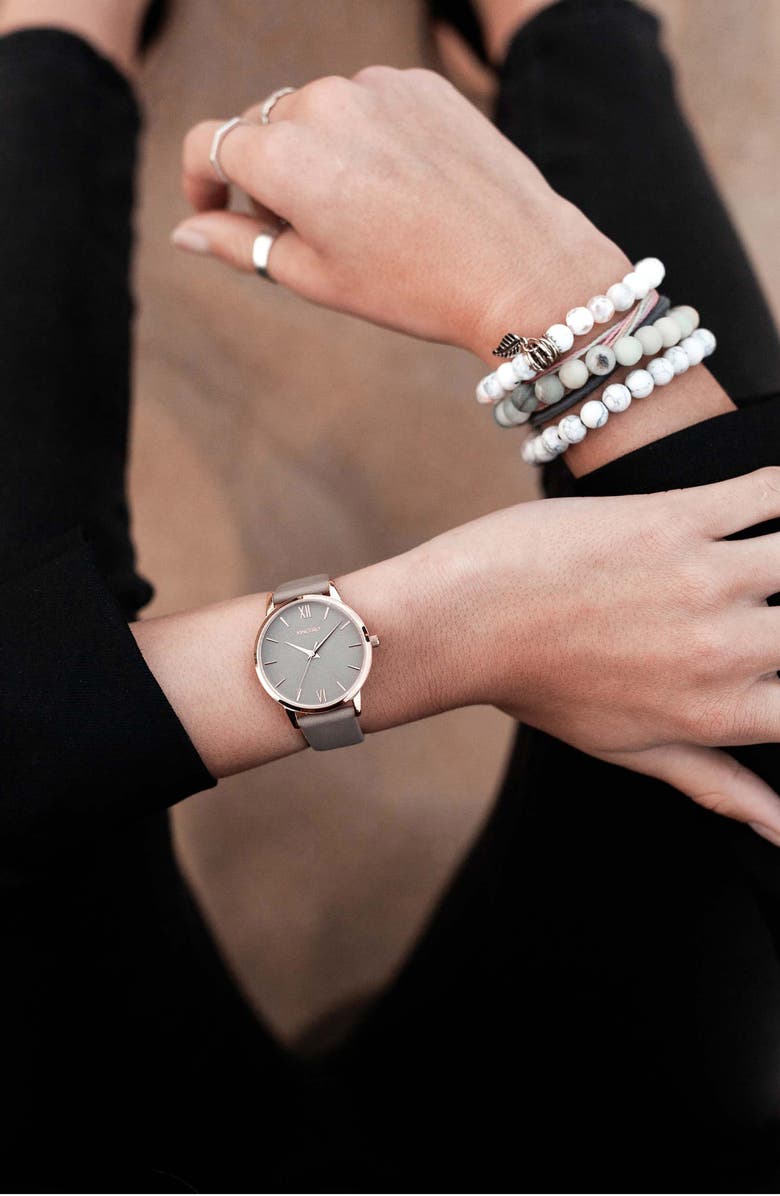 Vincero Eros Petite Leather Strap Watch, 33mm, Alternate, color, Rose Gold/ Taupe