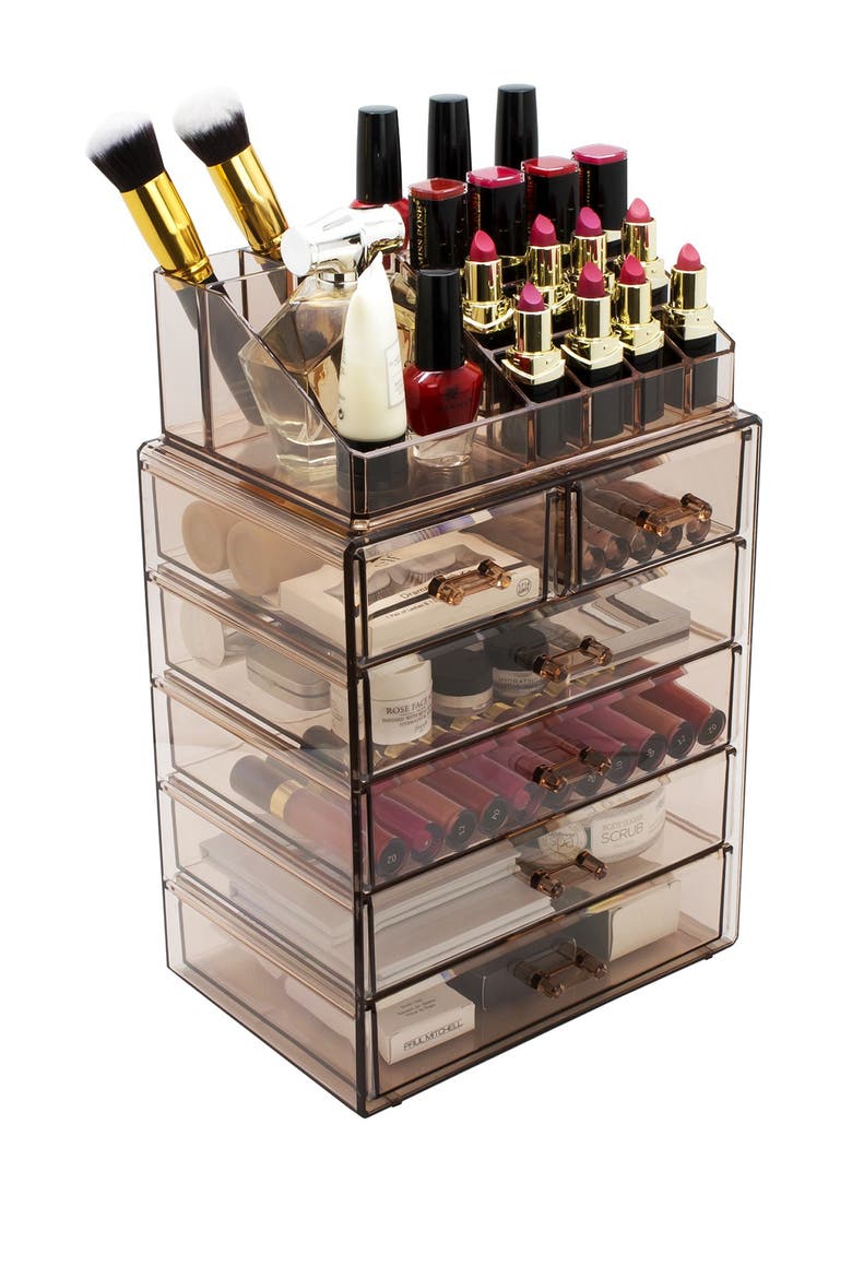 Acrylic 6 Drawer & Top Organizer Cosmetics Makeup & Jewelry Storage Case Display Set, Alternate, color, BROWN