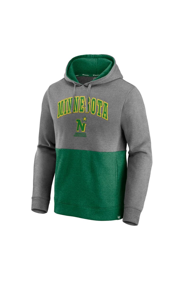 FANATICS Men's Fanatics Branded Heathered Gray/Kelly Green Minnesota North Stars Block Party Classic Arch Signature Pullover Hoodie, Alternate, color, Heather Gray