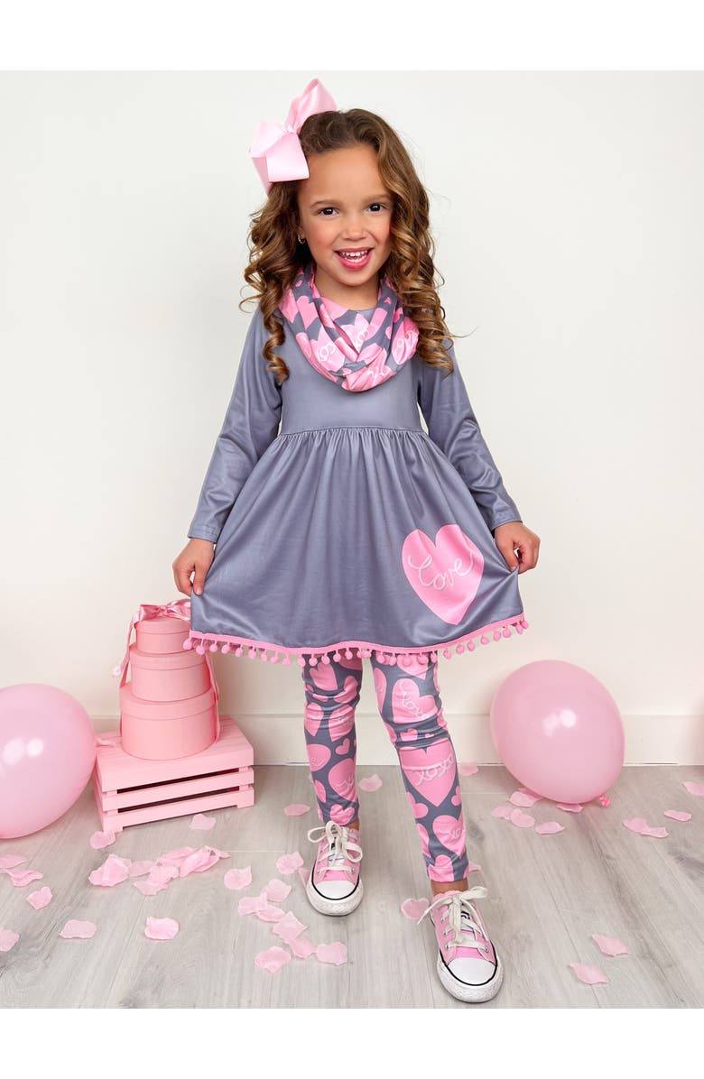 Mia Belle Girls Big Heart Tunic, Scarf and Legging Set, Alternate, color, Gray
