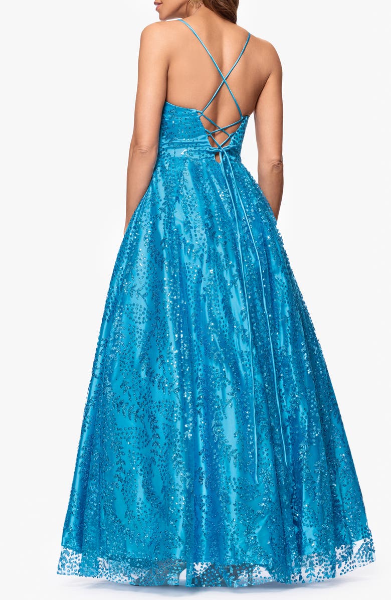 Blondie Nites Gllitter Dot & Leaf Ballgown, Alternate, color, Aqua