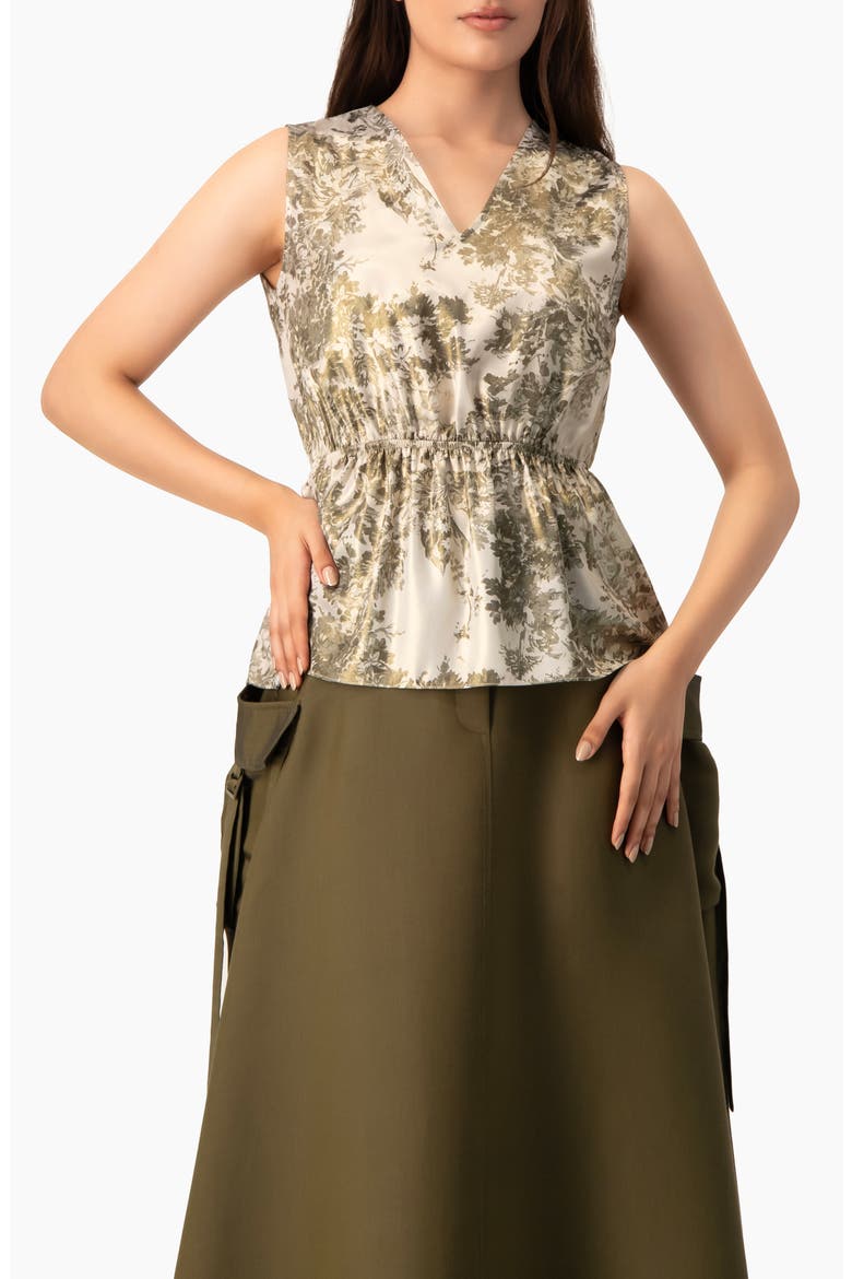 Sleeveless Peplum Blouse in Abstract Botanical Print, Main, color, Olive Green