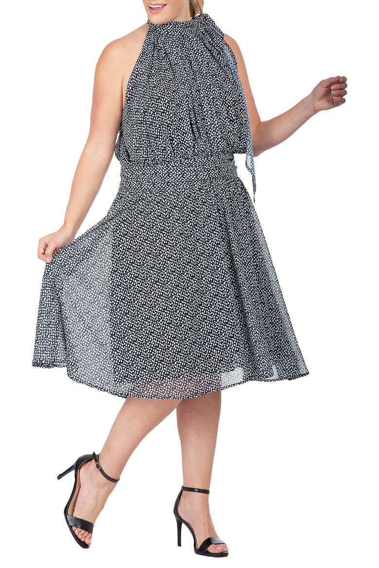 Halter Neck Flounce Dress, Alternate, color, BLACK WHITE