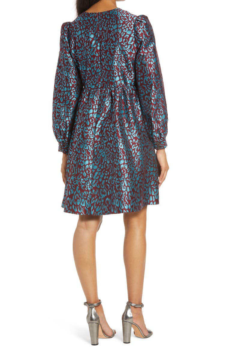 x Atlantic-Pacific Leopard Jacquard Long Sleeve Dress, Alternate, color, TEAL- MAROON LEOPARD