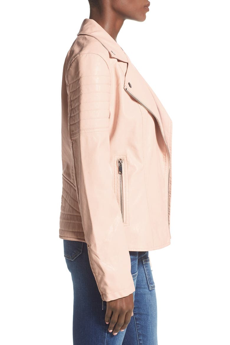 Faux Leather Quilted Sleeve Moto Jacket, Alternate, color, PINK