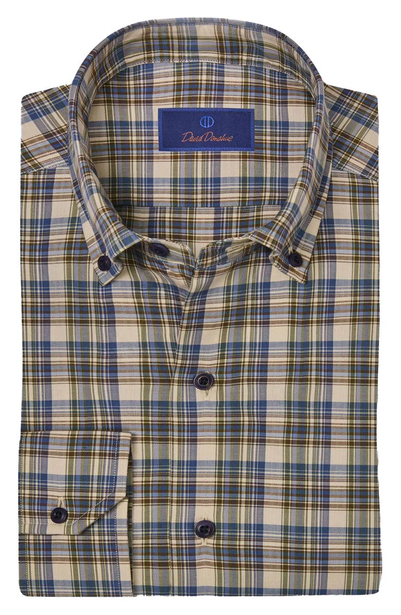 David Donahue Herringbone Plaid Cotton Blend Sport Shirt, Main, color,