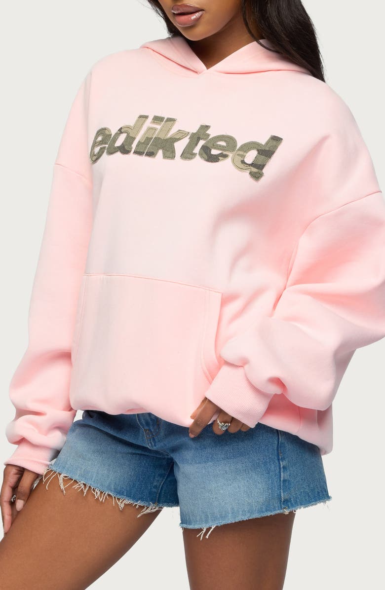 EDIKTED Camo Cutie Logo Oversize Hoodie, Alternate, color, Light-Pink