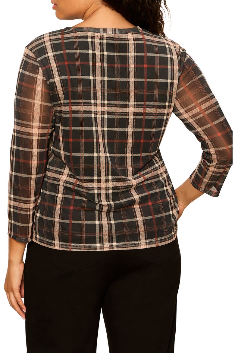 Plaid Mesh Three-Quarter Sleeve Top, Alternate, color, CINDER BROWN PLAID