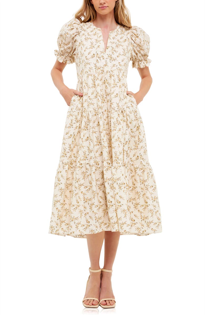 English Factory Floral Puff Sleeve Cotton Midi Dress, Main, color, 