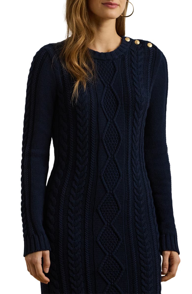 Lauren Ralph Lauren Cable Stitch Button Shoulder Long Sleeve Sweater Dress, Alternate, color, 