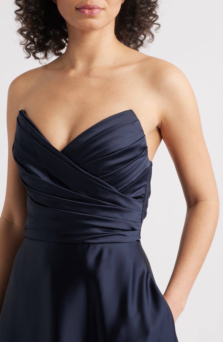 Amsale Strapless Satin Gown, Alternate, color, Navy