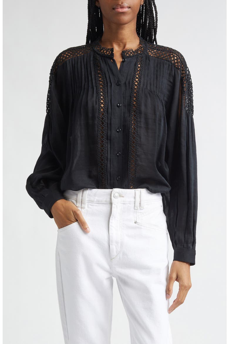 Polda Lace & Pintucked Long Sleeve Shirt, Main, color, BLACK