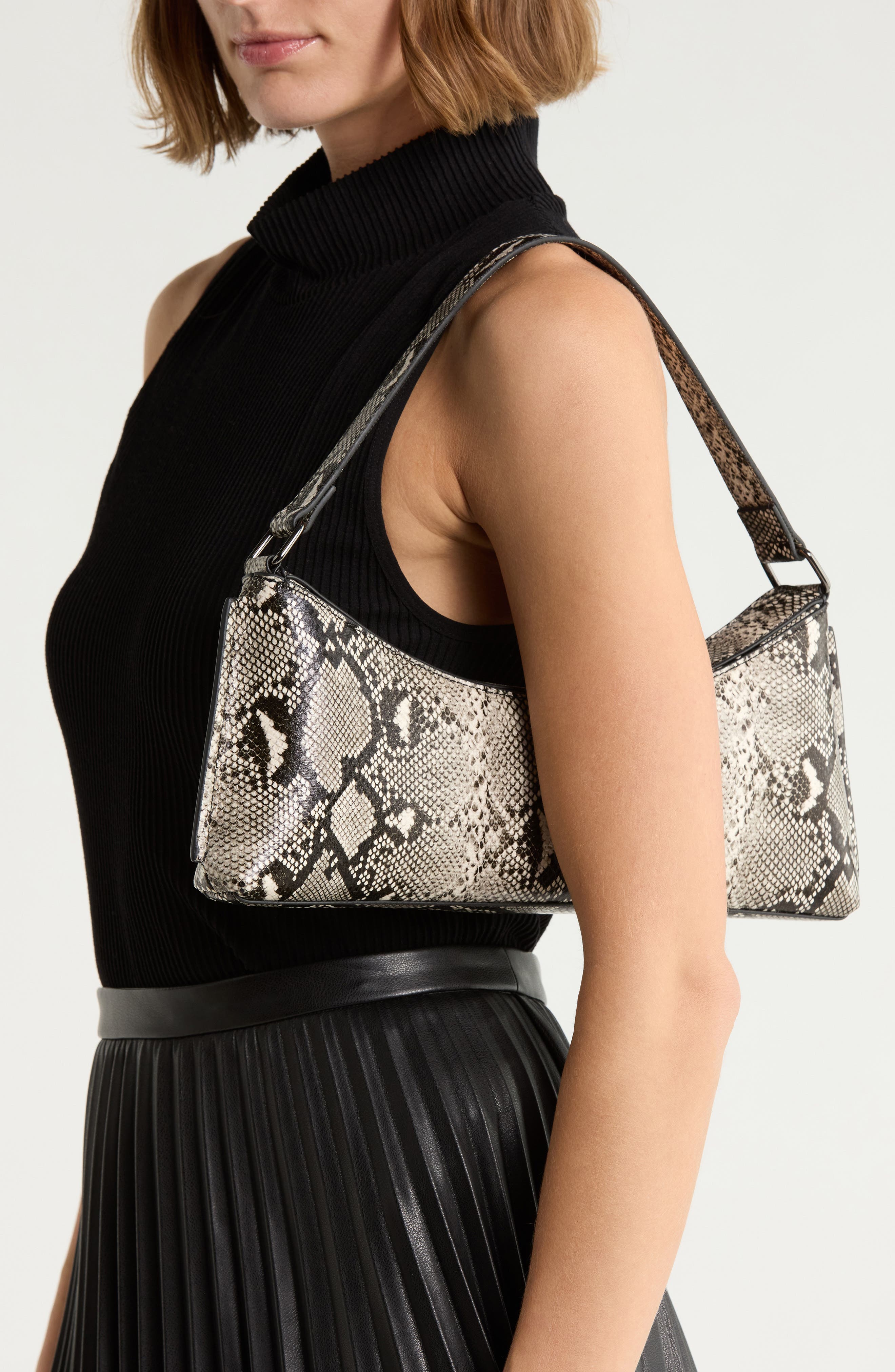 Snakeskin Embossed Faux Leather Shoulder Bag, Alternate, color, BLACK WHITE SNAKE