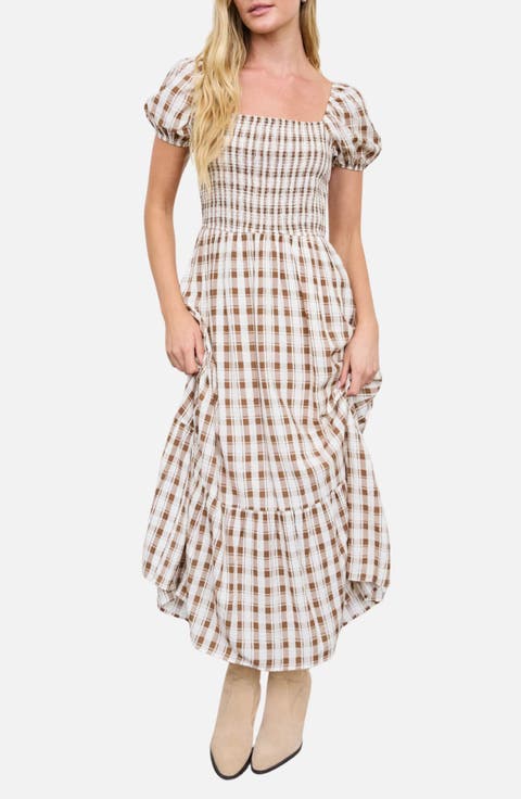 Smock Plaid Midi Dress