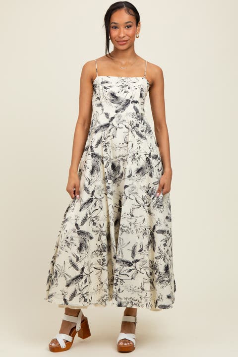 Spaghetti Strap Printed A-Line Midi Dress
