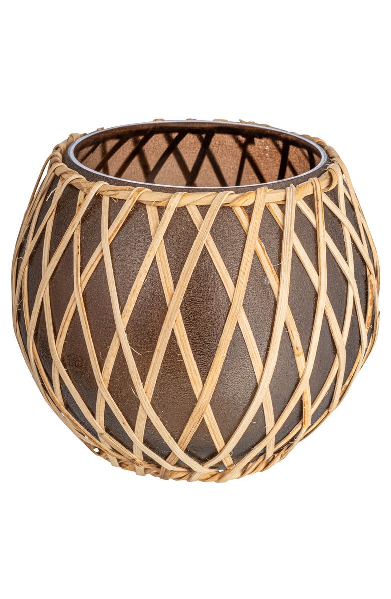 Storied Home Glass Votive Holder with Woven Rattan Sleeve, Main, color, Brown