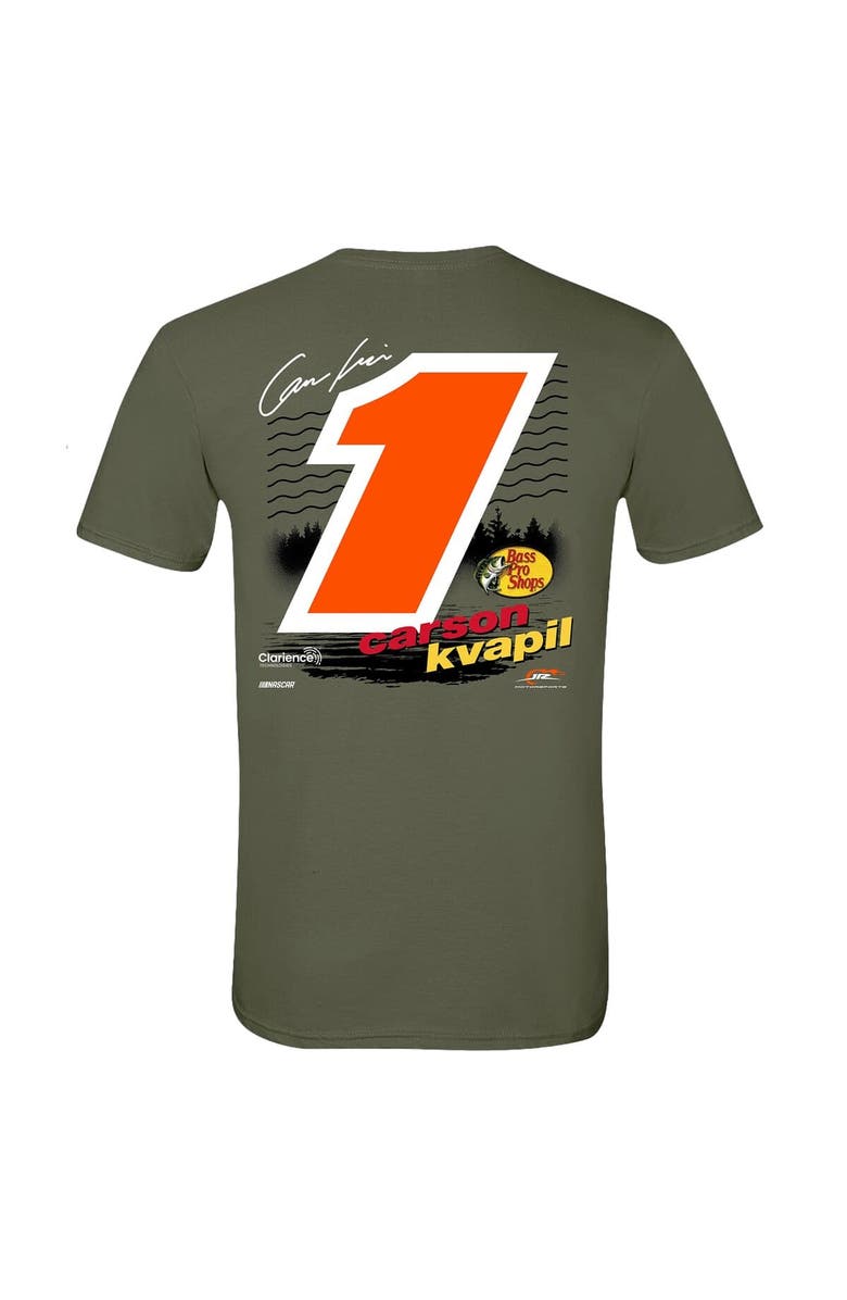 JR MOTORSPORTS OFFICIAL TEAM APPAREL Men's JR Motorsports Official Team Apparel Green Carson Kvapil Bass Pro Shops Car T-Shirt, Alternate, color,