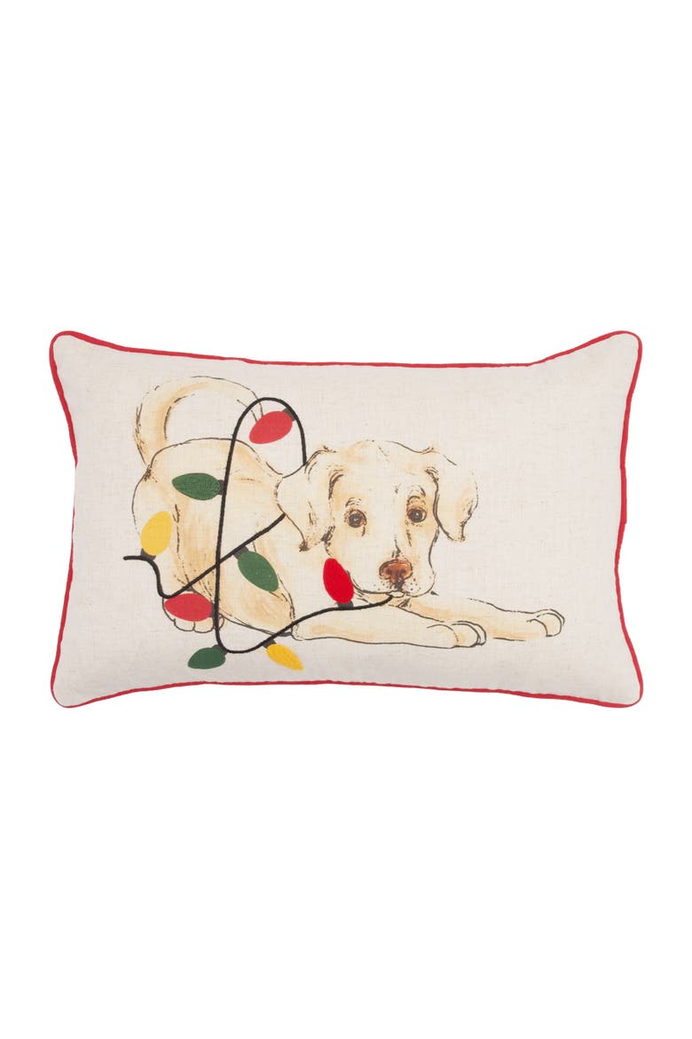 Vintage Puppy with Lightbulbs Reversible Lumbar Throw Pillow 14" x 22", Main, color, White