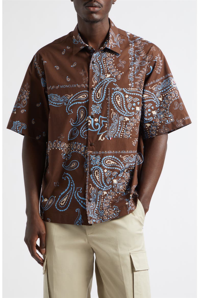 Bandana Print Short Sleeve Cotton Button-Up Shirt, Main, color, PARSLEY BROWN/ BLUE