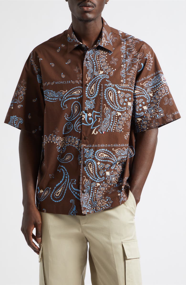 Moncler Bandana Print Short Sleeve Cotton Button-Up Shirt, Main, color, Parsley Brown/ Blue