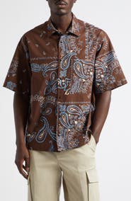 Moncler Bandana Print Short Sleeve Cotton Button-Up Shirt