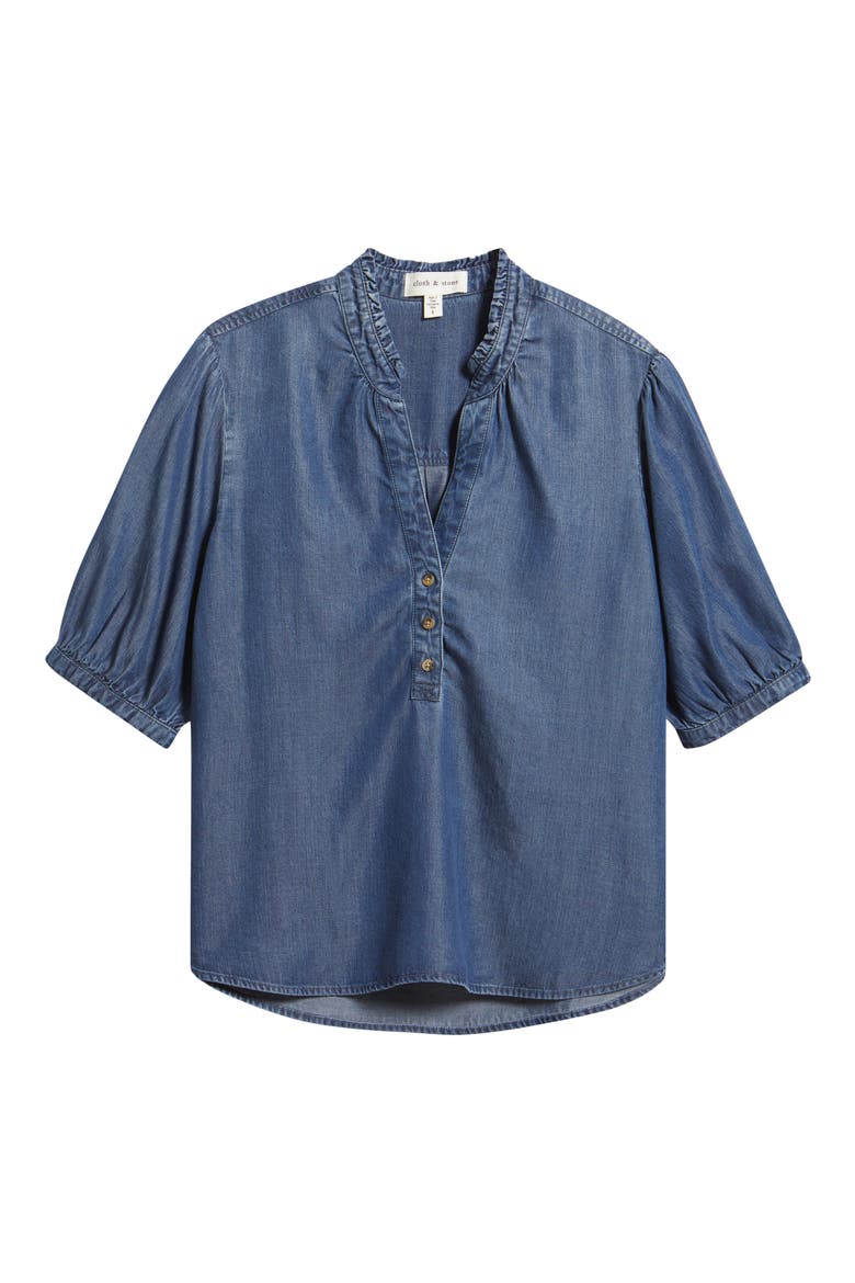 Puff Sleeve Half Placket Chambray Top, Alternate, color, DARK TWILIGHT WASH