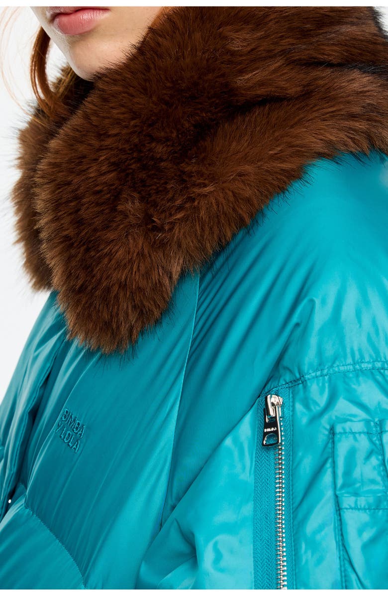 Bimba y Lola Short Down Jacket With Fur Collar Adjustable Hem, Alternate, color, Turquoise