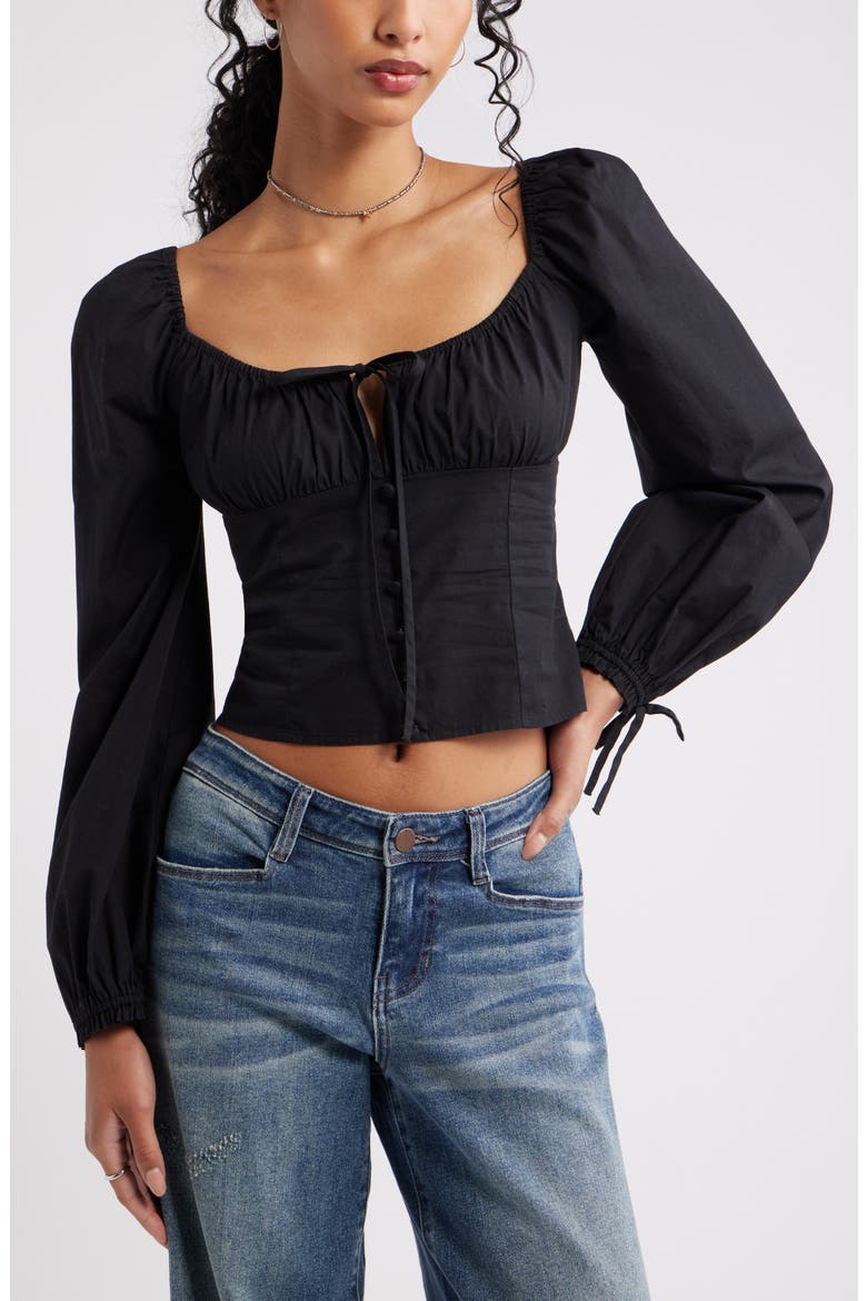 Long Sleeve Corset Cotton Crop Top, Main, color, BLACK