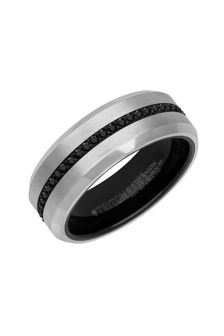 8MM Tungsten Carbide Ring with Eternity Black Sapphires and Beveled Edge, Alternate, color, Metallic Silver