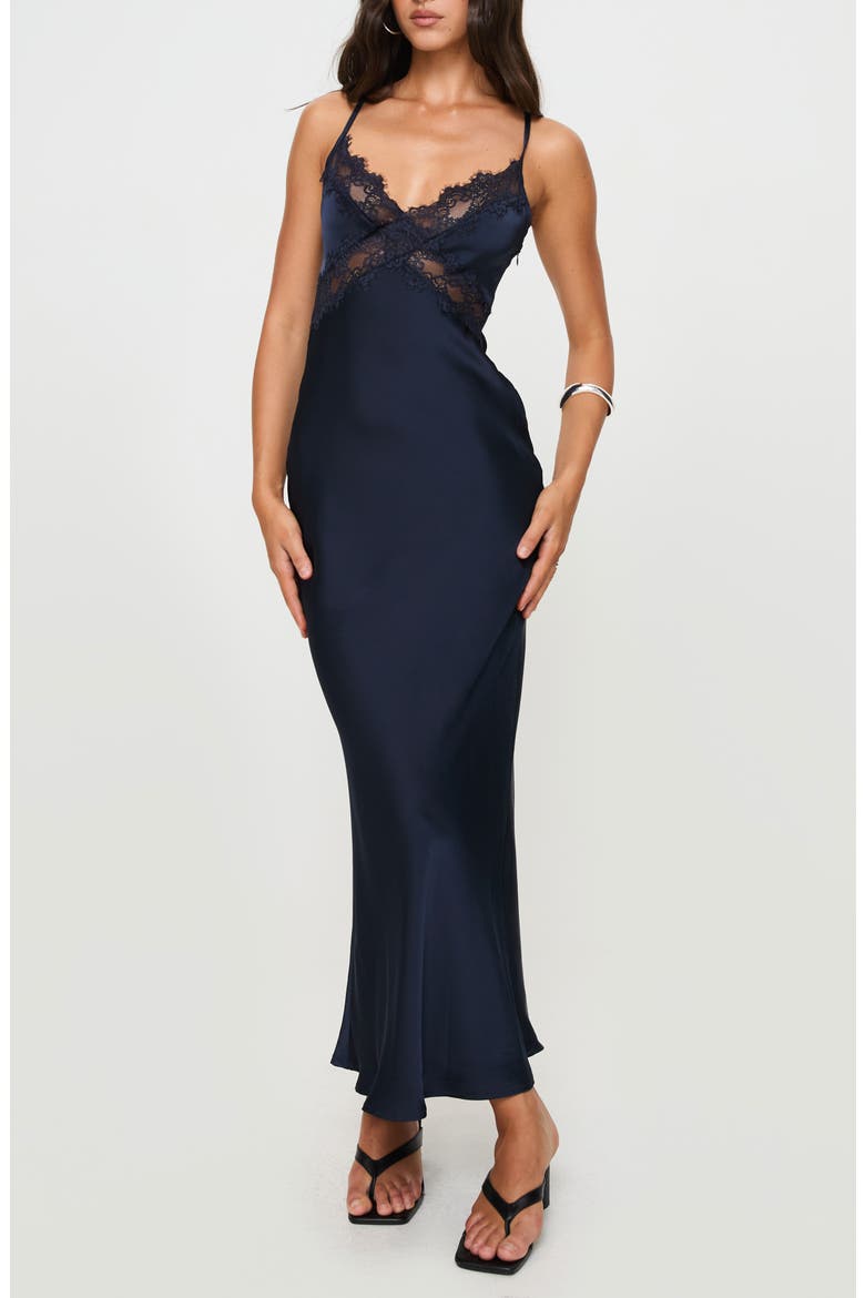 Treasure Lace Inset Bias Cut Satin Slipdress, Main, color, NAVY