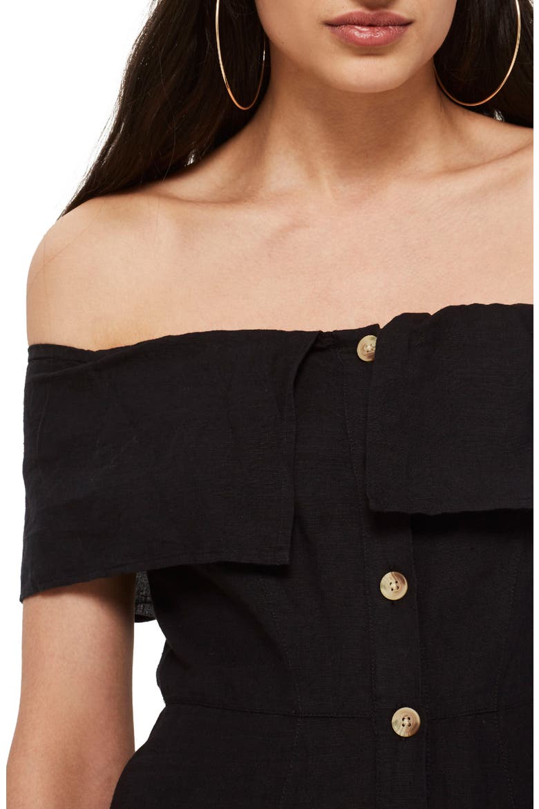 Linen Off the Shoulder Midi Dress, Alternate, color, BLACK