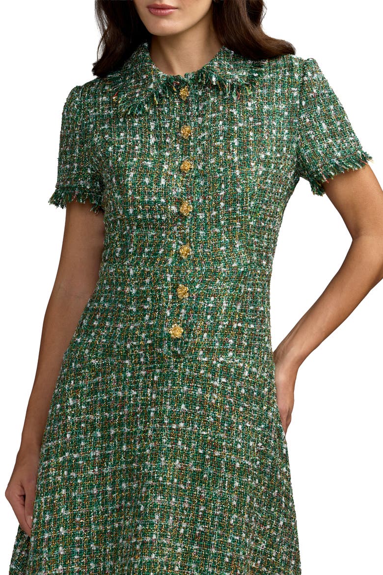 Boucle Short Sleeve Button Up Midi Dress, Alternate, color, Emerald Multi