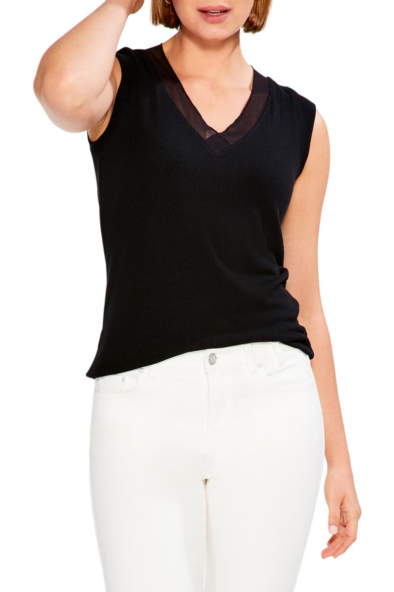 Draped Rib Mesh Trim Tank, Main, color, BLACK ONYX
