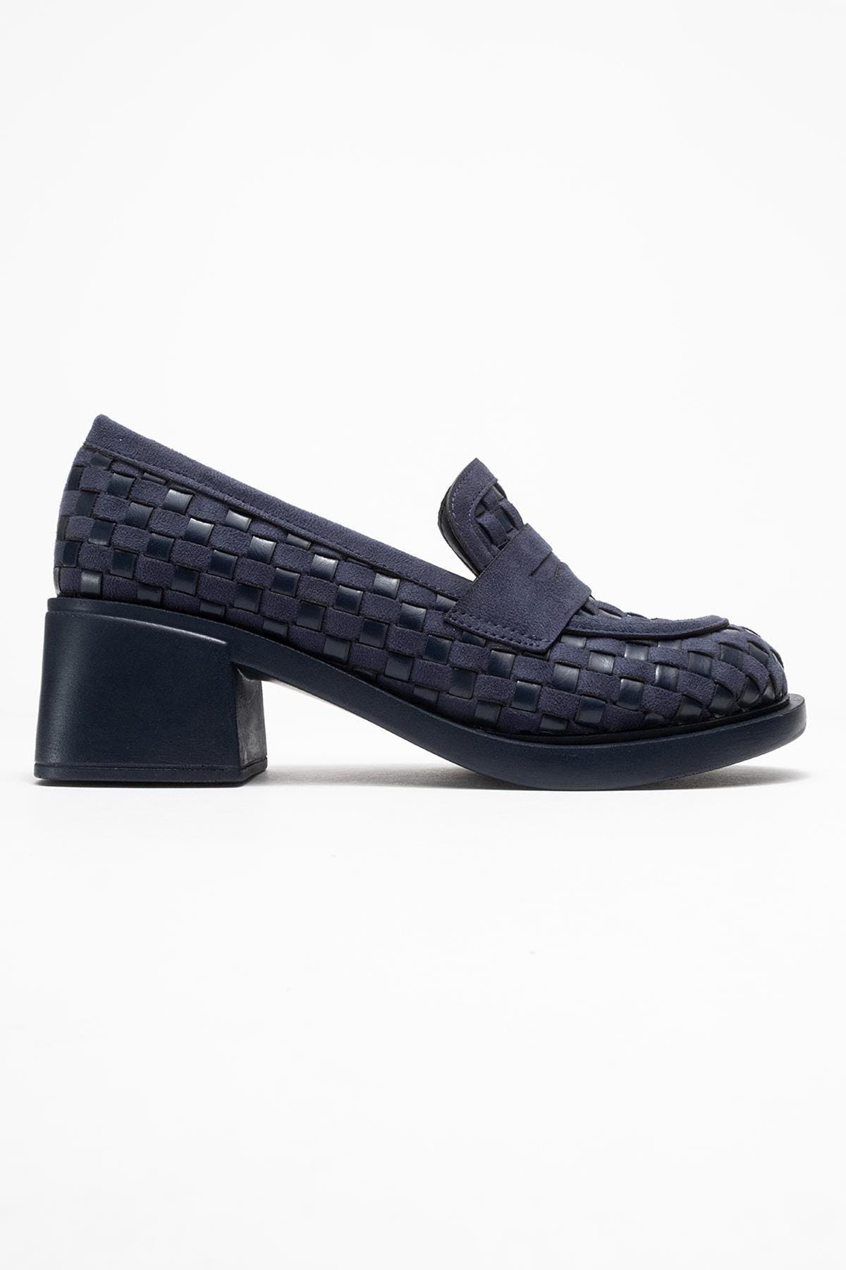 Prologue Shoes Marlon Woven Block Heel Loafer, Alternate, color, Navy Faux Leather