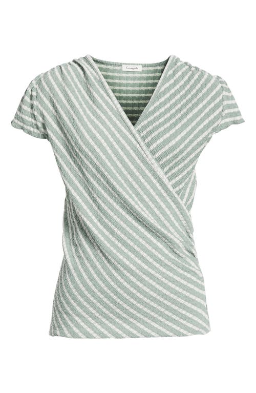 Loveappella Puckered Stripe Wrap Front Top In Sage