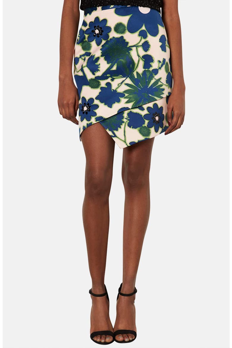 'Floral X-Ray' Embellished Print Skirt, Main, color, BLUE MULTI