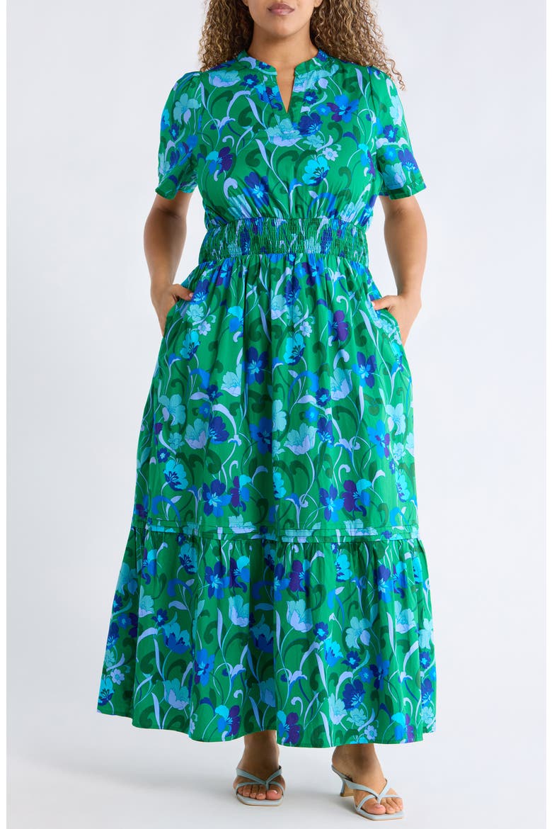 Lomeli Floral Split Neck Cotton Dress, Main, color, KELLY-BLUES-MULTI