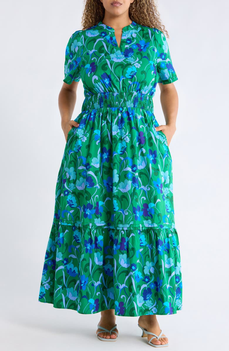 SUGARLIPS Lomeli Floral Split Neck Cotton Dress, Main, color, Kelly-Blues-Multi