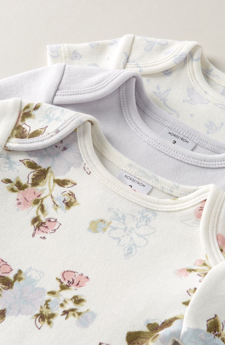 Nordstrom Assorted 3-Pack Bodysuits, Alternate, color, Purple- Ivory Floral Tea Set
