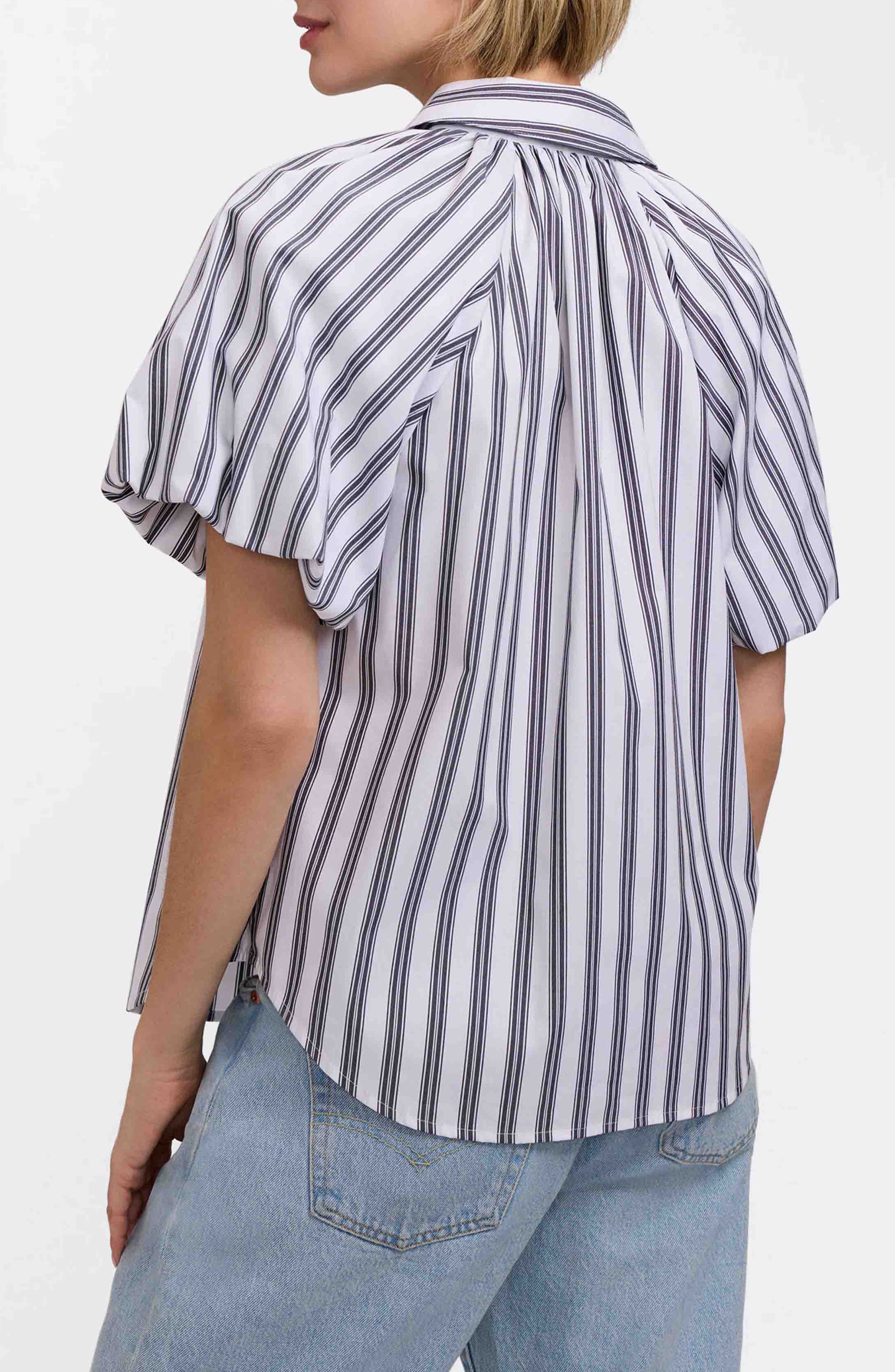 Paula Stripe Puff Sleeve Cotton Blend Button-Up Shirt - image 2
