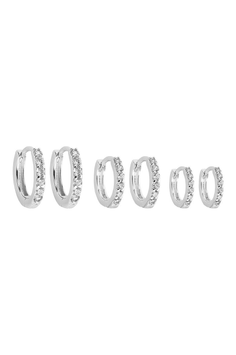 Set of 3 Huggie Hoop Earrings, Main, color, SILVER