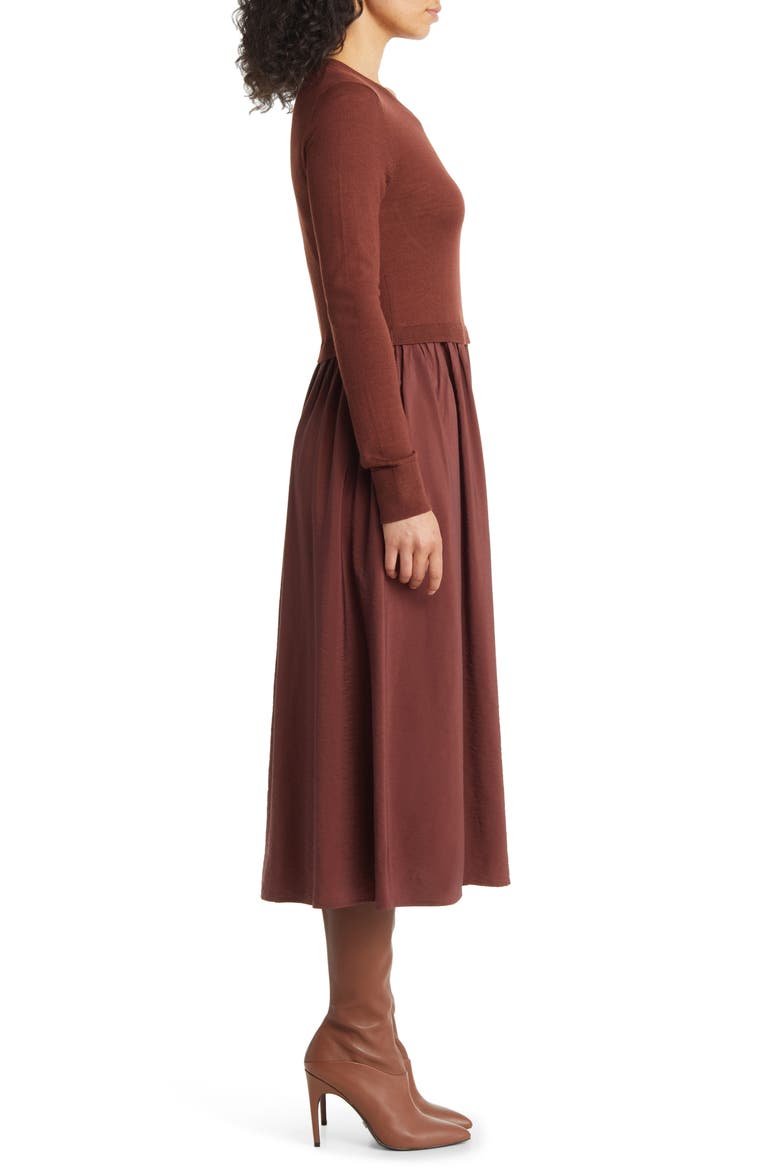 Mixed Media Long Sleeve Midi Dress, Alternate, color, BROWN RAISIN
