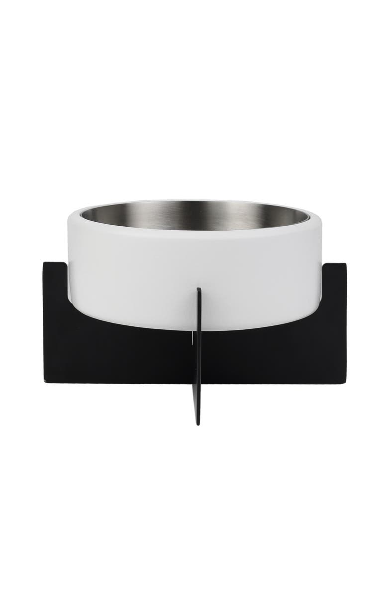 The Licker Store Intersecta Small/Medium Concrete and Stainless Steel Bowl 16oz (2 Cups) with Metal Stand Pet Feeder, Alternate, color, White/Black