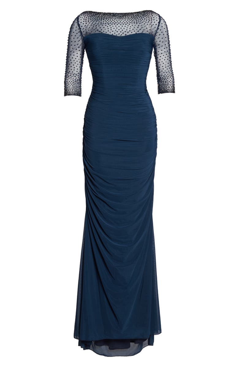 La Femme Embellished Mesh Ruched Jersey Gown, Alternate, color,
