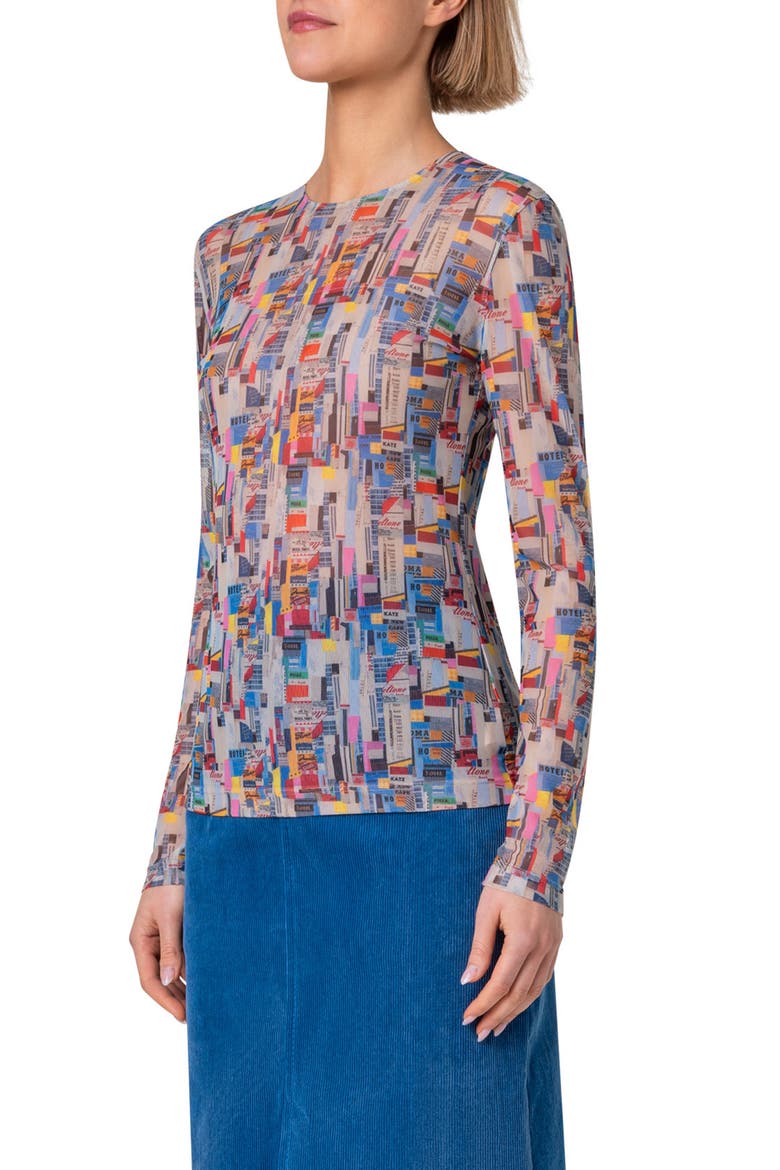 NYC Paper Collage Print Stretch Tulle Top, Alternate, color, MULTICOLOR