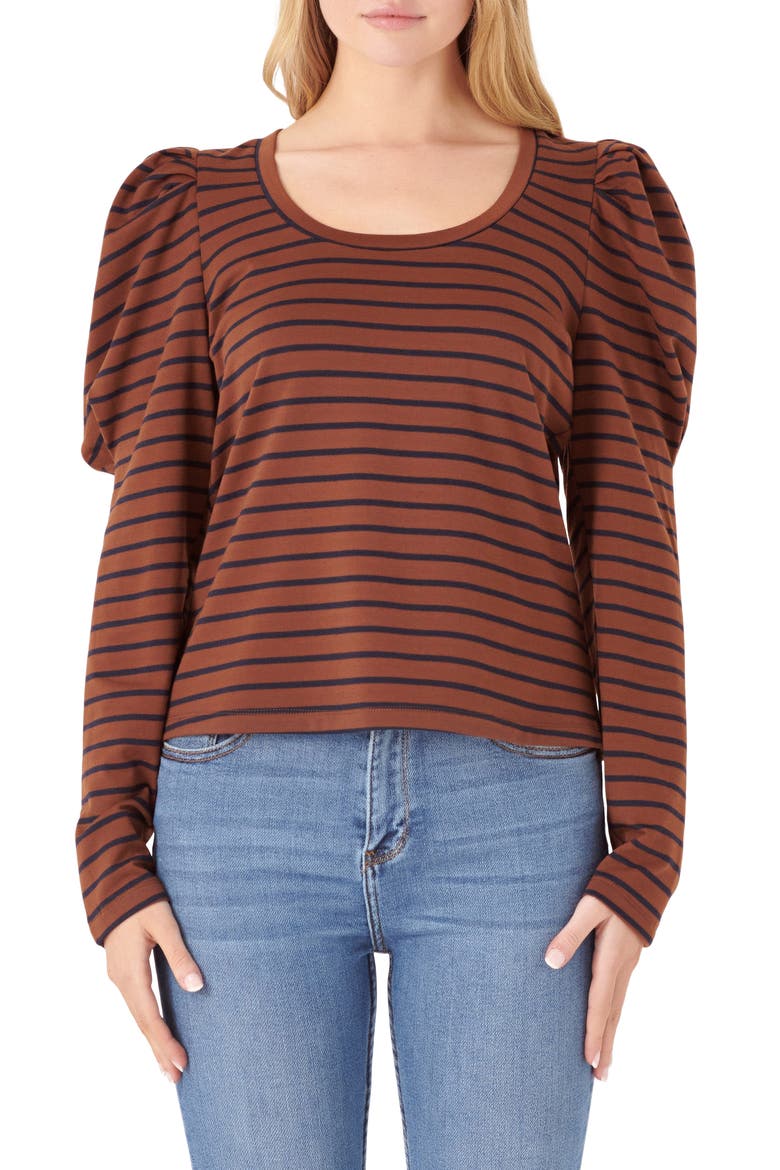 Stripe Puff Sleeve Knit Top, Main, color, BROWN/ NAVY