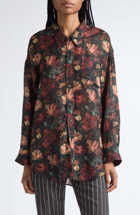 Oversize Drop Neck Floral Wool & Silk Blend Button-Up Shirt