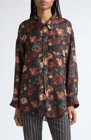 R13 Oversize Drop Neck Floral Wool & Silk Blend Button-Up Shirt