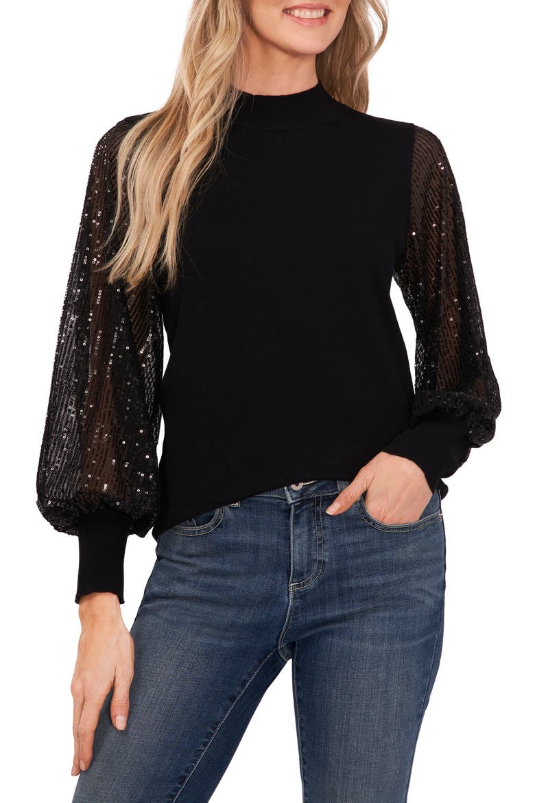 Sequin Sleeve Mock Neck Sweater, Main, color, RICH BLACK