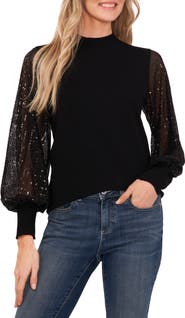 CeCe Sequin Sleeve Mock Neck Sweater